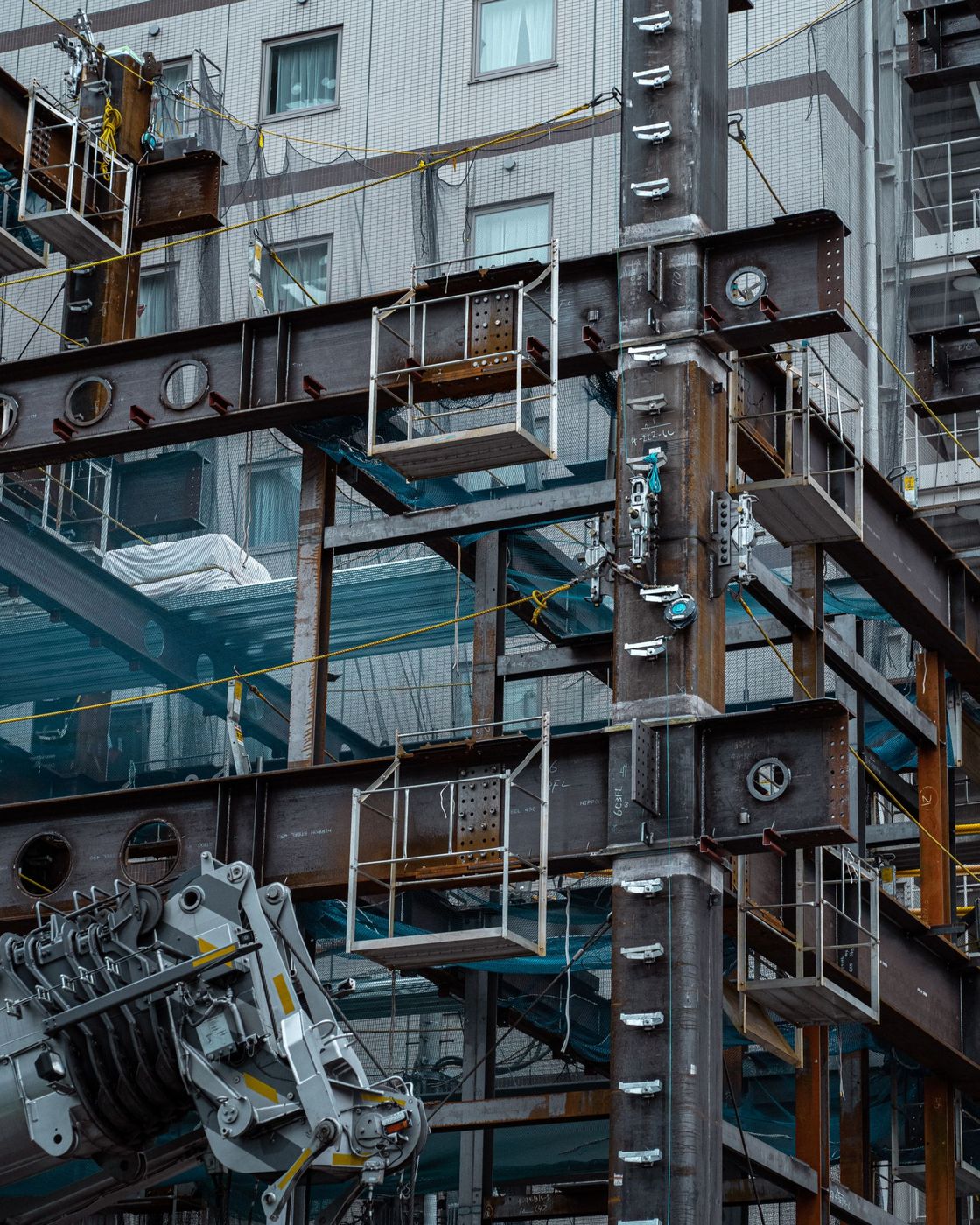 Steel structural frame on an active high-rise construction site